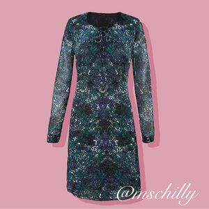Cabi 3339 Noel Eternity Damask Shift Long Sleeve Blue Teal Print Dress L